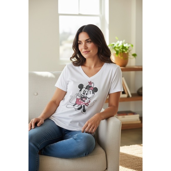 Disney‎ Women's M White V-Neck T-Shirt Mickey Minnie Mouse Graphic Short Sleeve - Picture 7 of 13